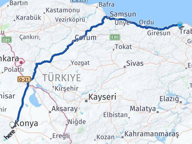 Trabzon Şalpazarı Konya Arası Kaç Km - Yol Haritası