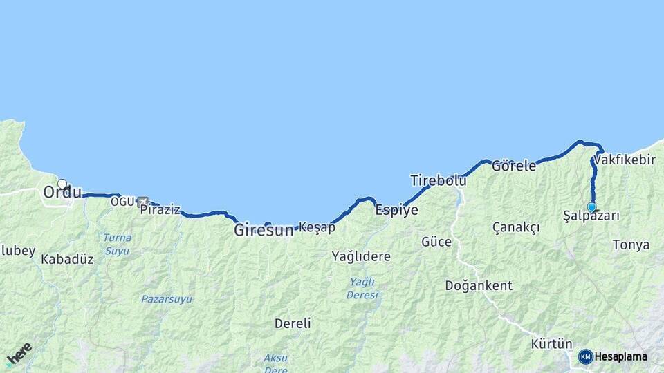 Trabzon Şalpazarı Ordu Arası Kaç Km - Yol Haritası
