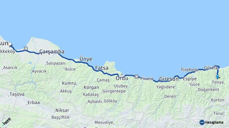 Trabzon Şalpazarı Samsun Arası Kaç Km - Yol Haritası