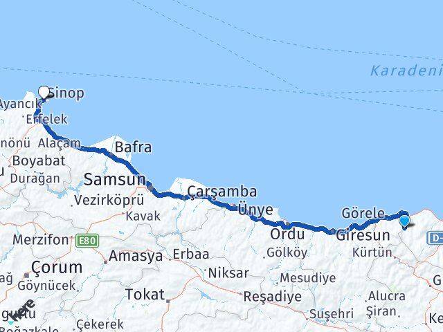 Trabzon Şalpazarı Sinop Arası Kaç Km - Yol Haritası