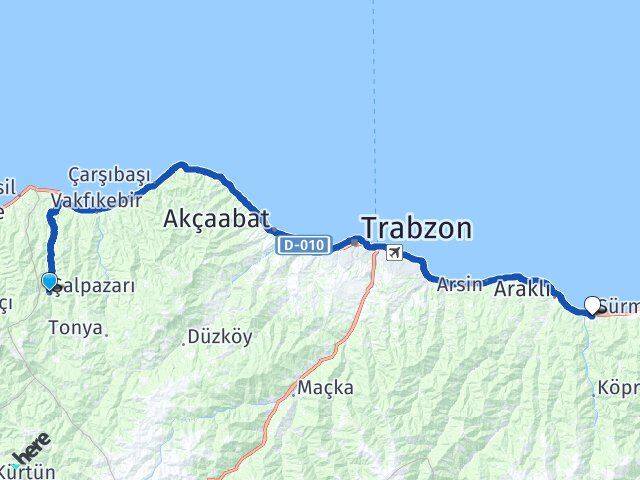 Trabzon Şalpazarı Sürmene Arası Kaç Km - Yol Haritası