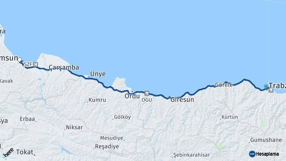 Trabzon Samsun Arası Kaç Km - Yol Haritası