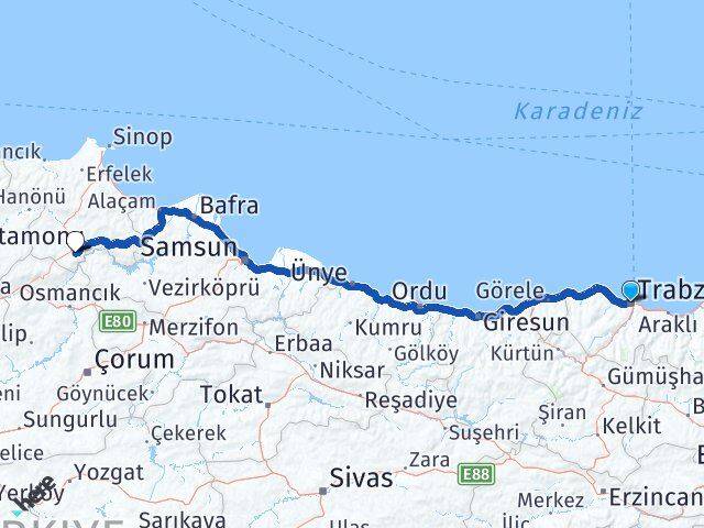 Trabzon Saraydüzü Sinop Arası Kaç Km - Yol Haritası
