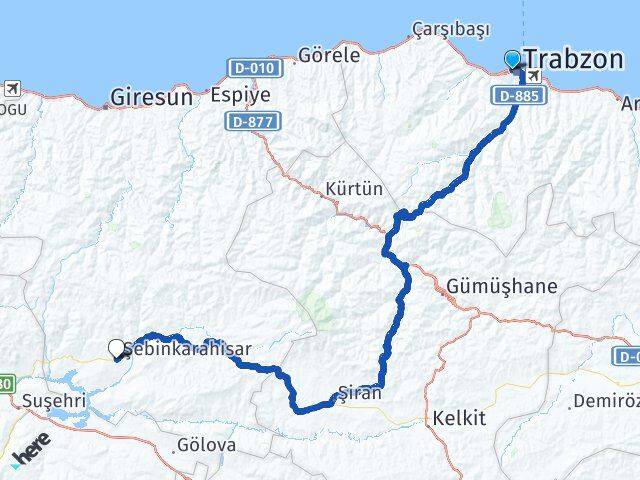 Trabzon Şebinkarahisar Giresun Arası Kaç Km - Yol Haritası
