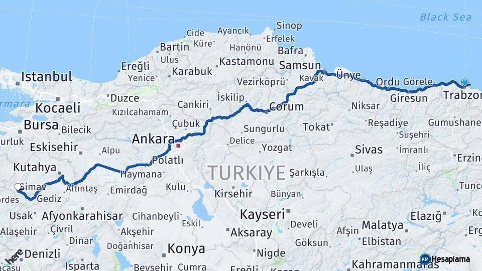 Trabzon Simav Kütahya Arası Kaç Km - Yol Haritası