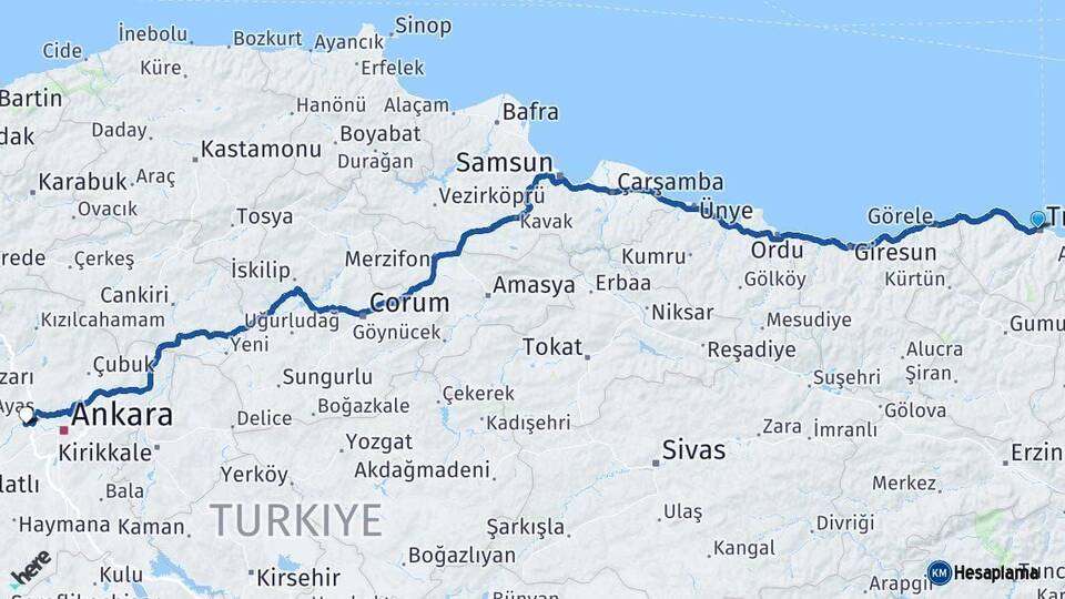 Trabzon Sincan Ankara Arası Kaç Km - Yol Haritası