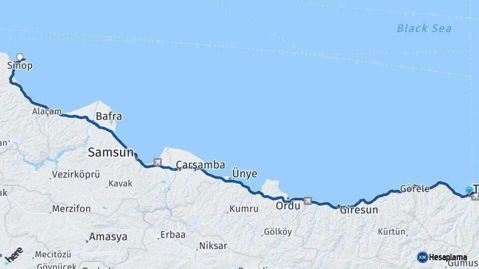 Trabzon Sinop Arası Kaç Km - Yol Haritası