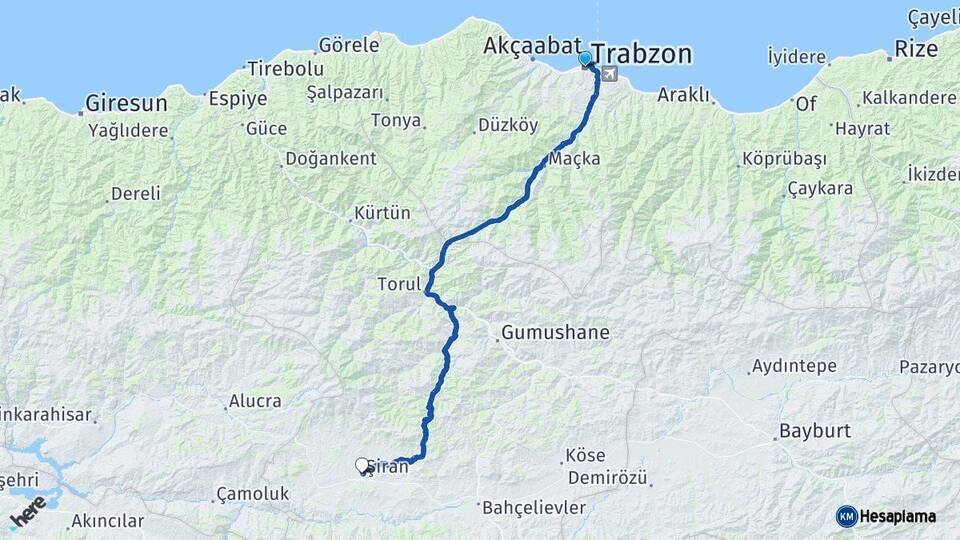 Trabzon Şiran Gümüşhane Arası Kaç Km - Yol Haritası
