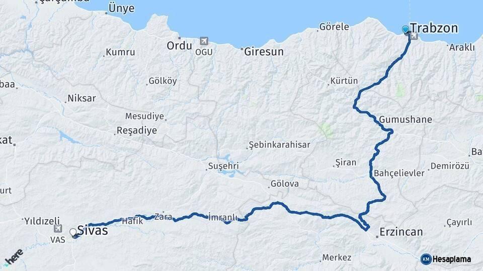 Trabzon Sivas Arası Kaç Km - Yol Haritası