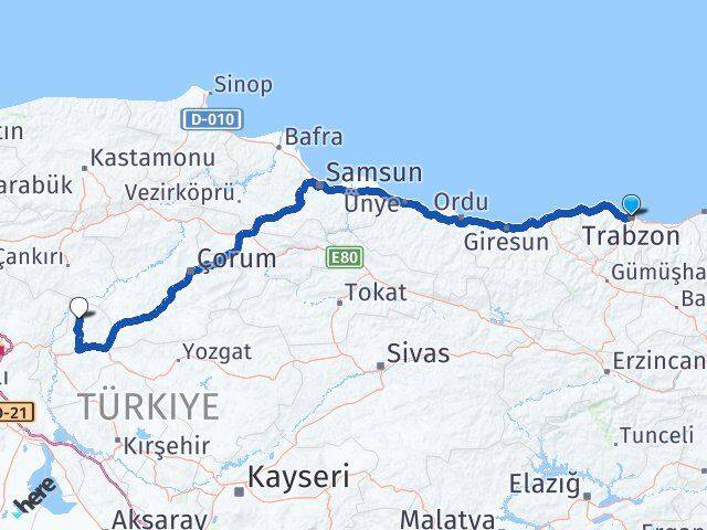 Trabzon Sulakyurt Kırıkkale Arası Kaç Km - Yol Haritası