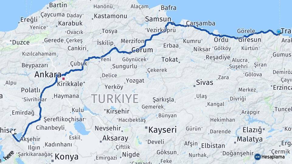 Trabzon Sultandağı Afyonkarahisar Arası Kaç Km - Yol Haritası