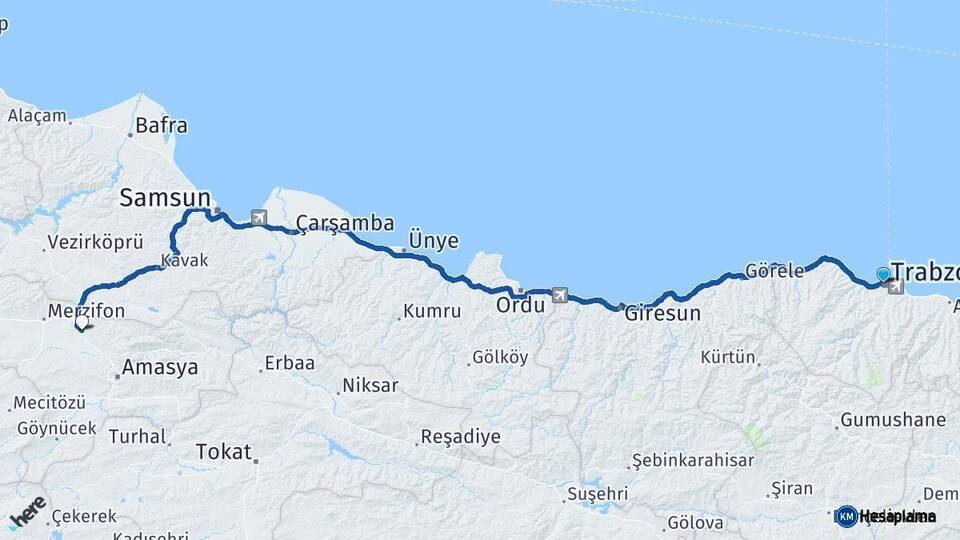 Trabzon Suluova Amasya Arası Kaç Km - Yol Haritası