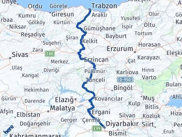 Trabzon Sur Diyarbakır Arası Kaç Km - Yol Haritası