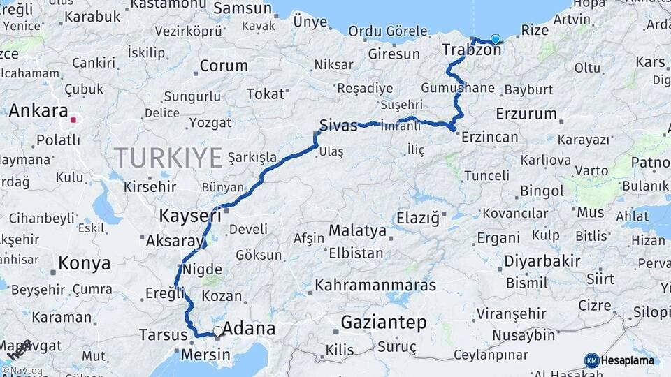 Trabzon Sürmene Adana Arası Kaç Km - Yol Haritası