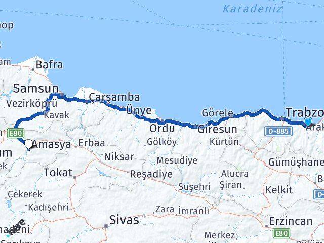 Trabzon Sürmene Amasya Arası Kaç Km - Yol Haritası