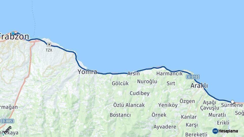 Trabzon Sürmene Arası Kaç Km - Yol Haritası