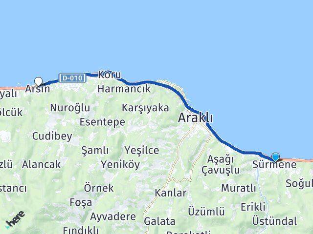 Trabzon Sürmene Arsin Arası Kaç Km - Yol Haritası