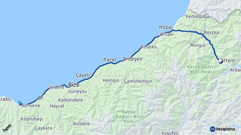Trabzon Sürmene Artvin Arası Kaç Km - Yol Haritası
