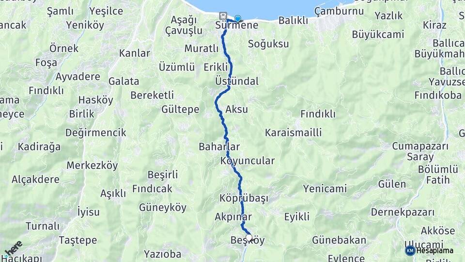Trabzon Sürmene Beşköy Köprübaşı Arası Kaç Km - Yol Haritası