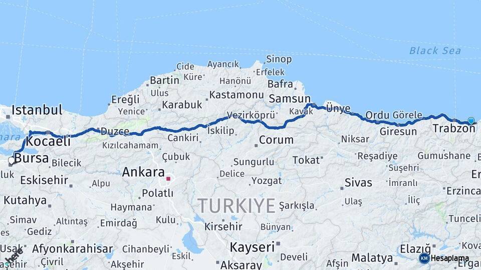 Trabzon Sürmene Bursa Arası Kaç Km - Yol Haritası