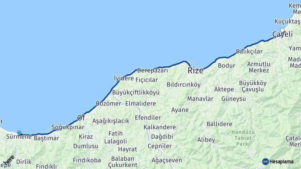 Trabzon Sürmene Çayeli Rize Arası Kaç Km - Yol Haritası