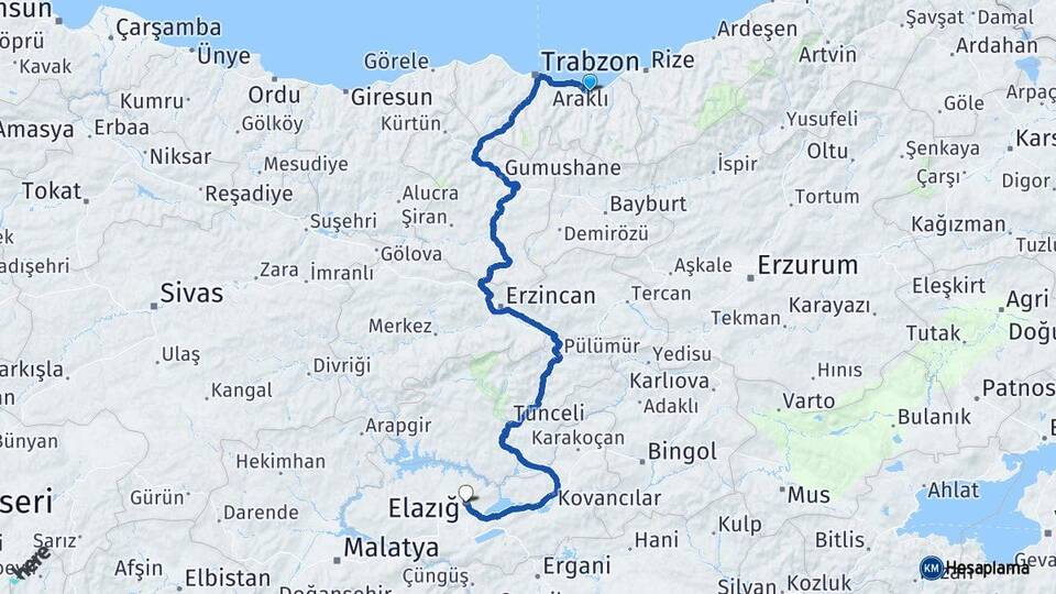 Trabzon Sürmene Elazığ Arası Kaç Km - Yol Haritası