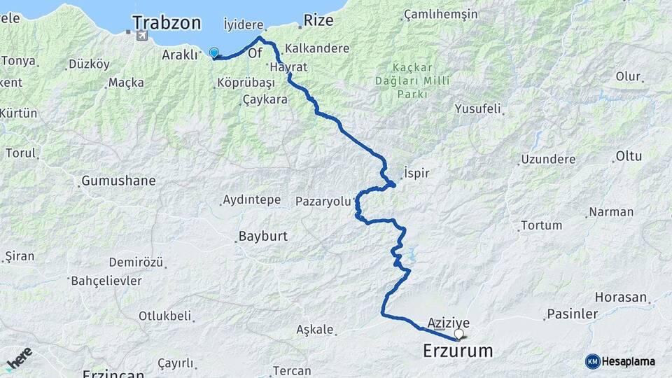 Trabzon Sürmene Erzurum Arası Kaç Km - Yol Haritası