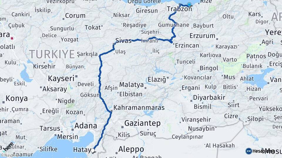 Trabzon Sürmene Hatay Arası Kaç Km - Yol Haritası