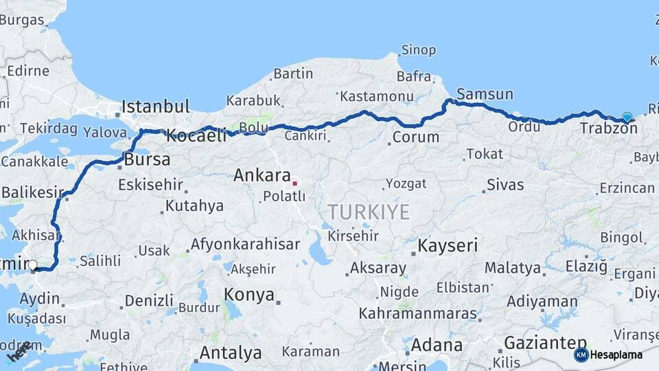 Trabzon Sürmene İzmir Arası Kaç Km - Yol Haritası
