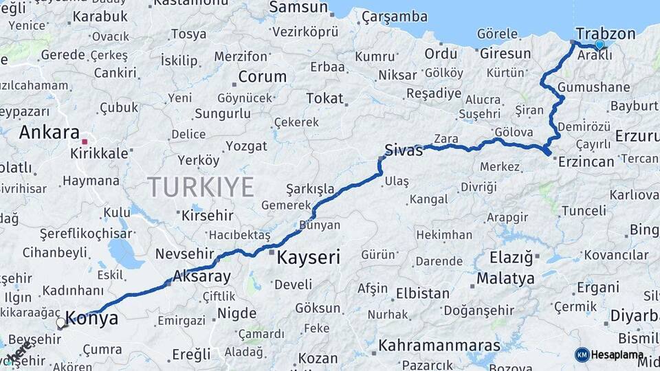 Trabzon Sürmene Konya Arası Kaç Km - Yol Haritası