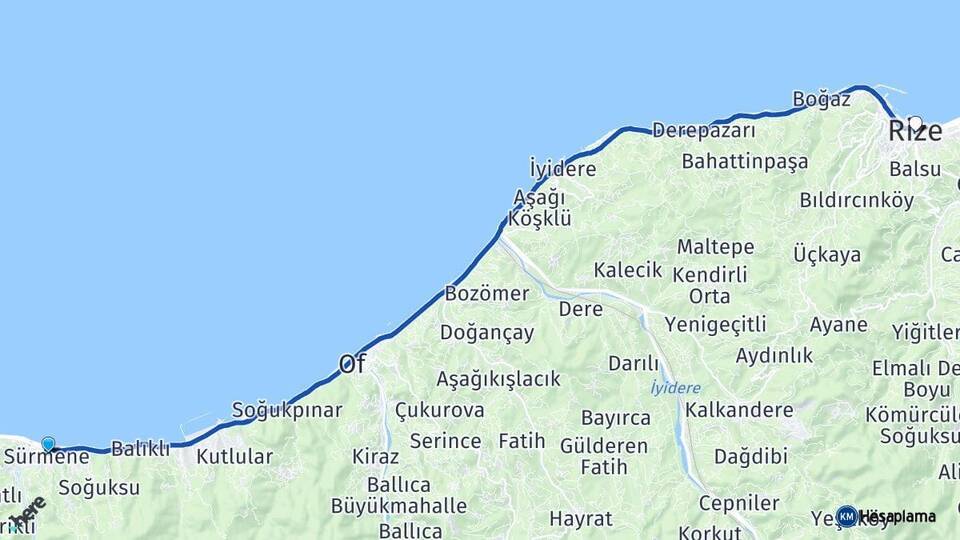 Trabzon Sürmene Rize Arası Kaç Km - Yol Haritası