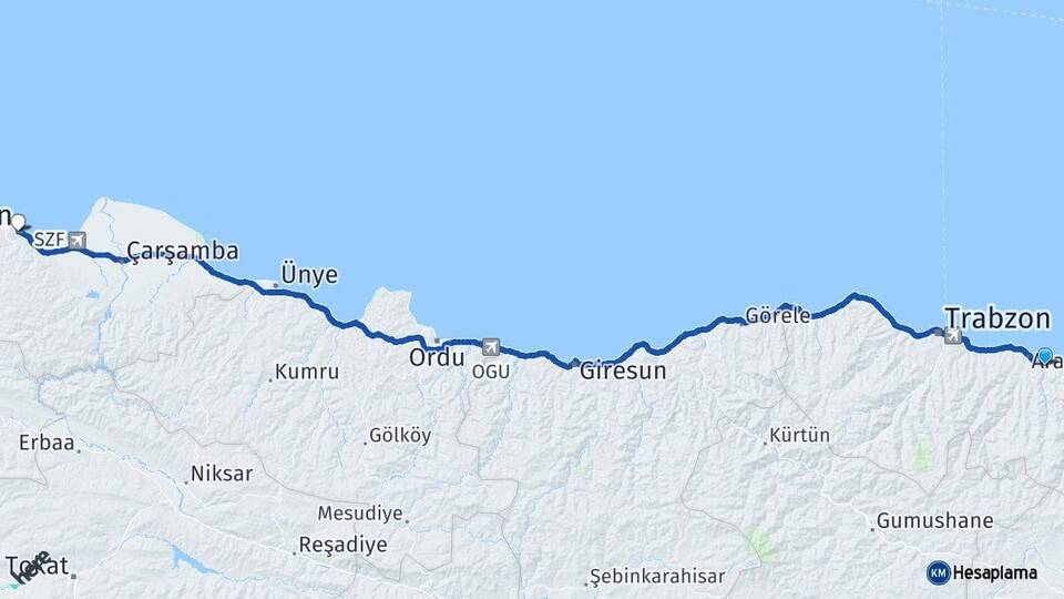 Trabzon Sürmene Samsun Arası Kaç Km - Yol Haritası