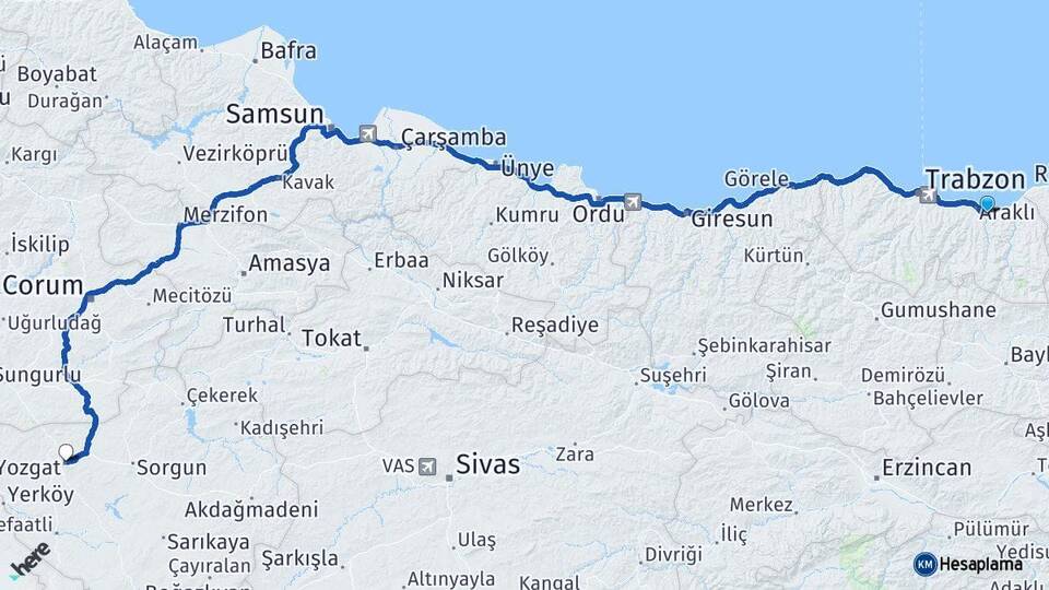 Trabzon Sürmene Yozgat Arası Kaç Km - Yol Haritası