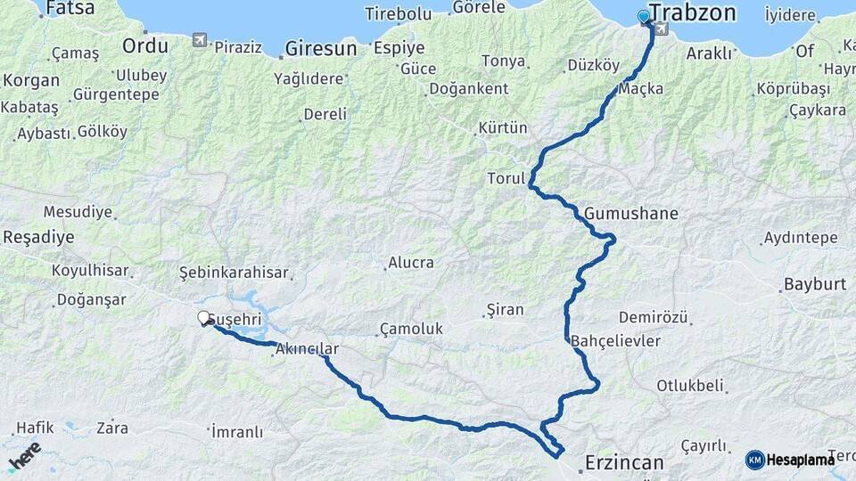 Trabzon Suşehri Sivas Arası Kaç Km - Yol Haritası