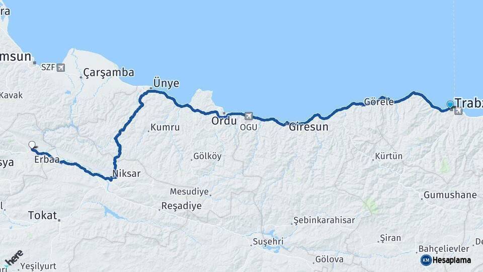 Trabzon Taşova Amasya Arası Kaç Km - Yol Haritası