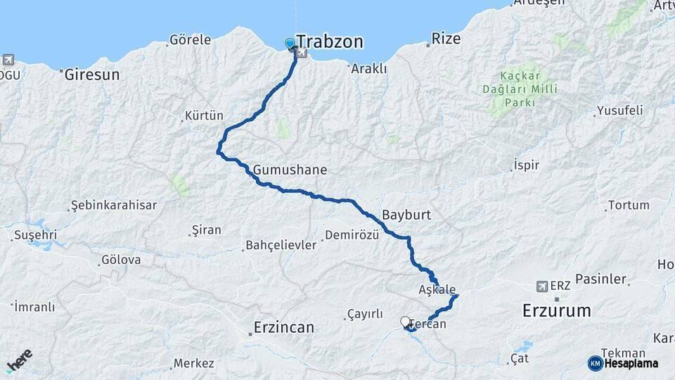 Trabzon Tercan Erzincan Arası Kaç Km - Yol Haritası