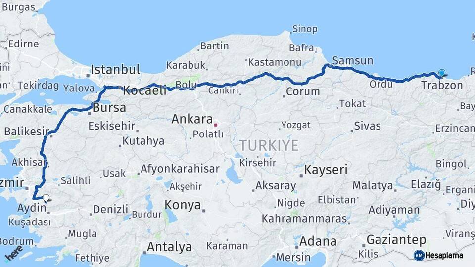 Trabzon Tire İzmir Arası Kaç Km - Yol Haritası