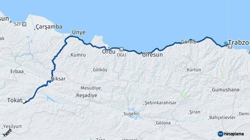 Trabzon Tokat Arası Kaç Km - Yol Haritası
