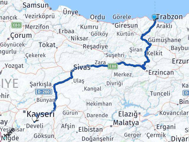 Trabzon Tomarza Kayseri Arası Kaç Km - Yol Haritası