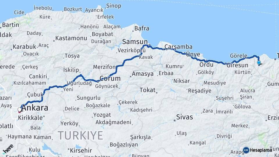 Trabzon Tonya Ankara Arası Kaç Km - Yol Haritası