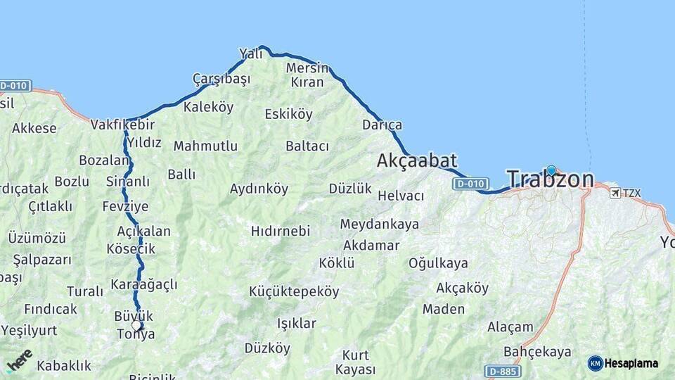 Trabzon Tonya Arası Kaç Km - Yol Haritası