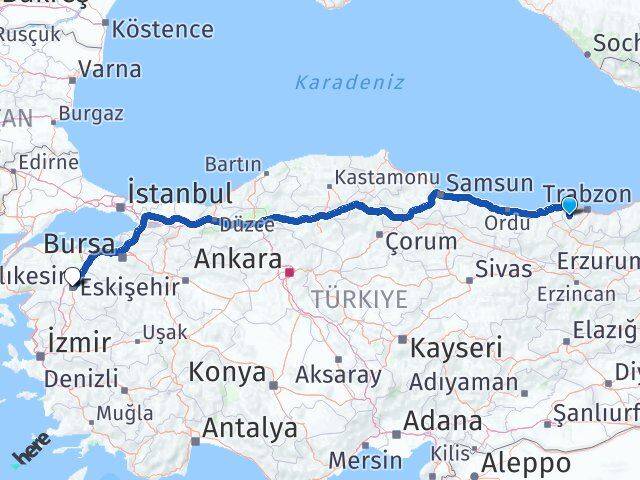 Trabzon Tonya Balıkesir Arası Kaç Km - Yol Haritası