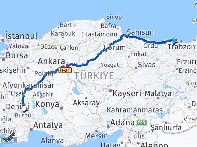 Trabzon Tonya Burdur Arası Kaç Km - Yol Haritası