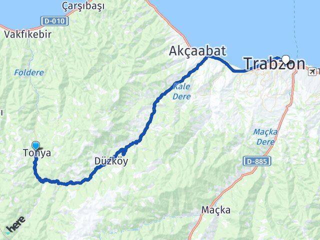 Trabzon Tonya Çömlekçi Ortahisar Arası Kaç Km - Yol Haritası