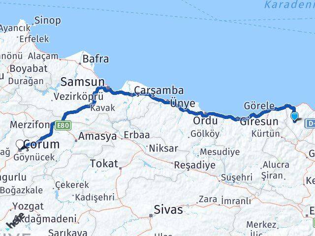 Trabzon Tonya Çorum Arası Kaç Km - Yol Haritası