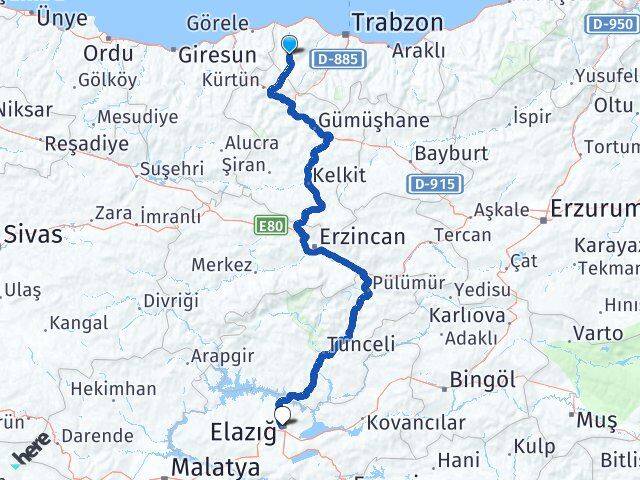 Trabzon Tonya Elazığ Arası Kaç Km - Yol Haritası