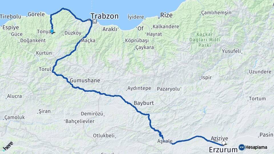 Trabzon Tonya Erzurum Arası Kaç Km - Yol Haritası