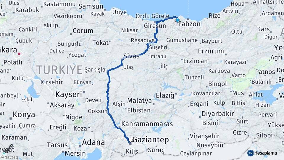 Trabzon Tonya Gaziantep Arası Kaç Km - Yol Haritası