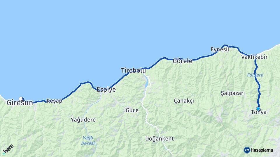 Trabzon Tonya Giresun Arası Kaç Km - Yol Haritası