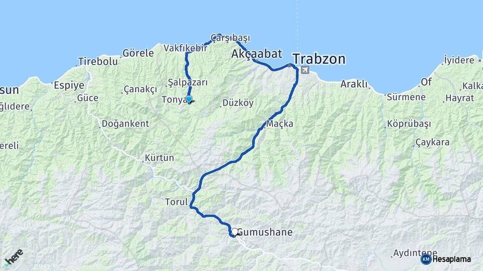 Trabzon Tonya Gümüşhane Arası Kaç Km - Yol Haritası